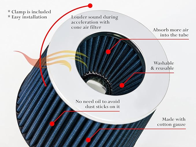 BLUE 3.5" 89 mm Inlet Narrow Air Cone Replacement Performance Washable Clamp-On Dry Air Filter