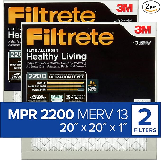 Filtrete 20x20x1 AC Furnace Air Filter, MERV 13, MPR 2200, Elite Allergen, Bacteria & Virus Filter, 3-Month Pleated 1-Inch Electrostatic Air Cleaning Filter, 2-Pack (Actual Size 19.719x19.719x0.78 in)