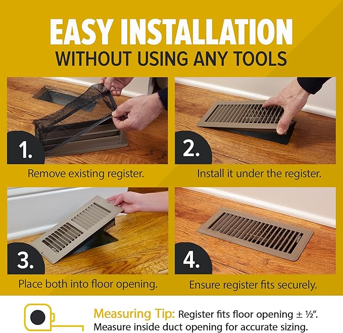 HAAK - Floor Vent Cover Trap, Durable Screen That Attaches Easily to Vent Covers for Home Floor, 4-Pack Air Vent Filters for Trapping Debris, Easy to Install and Remove, 4 x 10 inches Each