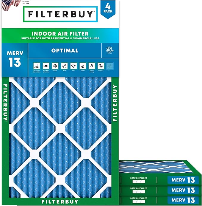Filterbuy 13x21.5x1 Air Filter MERV 13 Optimal Smoke & Allergy Defense (4-Pack), Electrostatic Pleated HVAC AC Furnace Filters Replacement, Made in USA (Actual Size: 12.88 x 21.50 x 0.75)