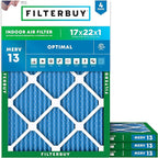 Filterbuy 17x22x1 Air Filter MERV 13 Optimal Smoke & Allergy Defense (4-Pack), Electrostatic Pleated HVAC AC Furnace Filters Replacement, Made in USA (Actual Size: 16.50 x 21.50 x 0.75)