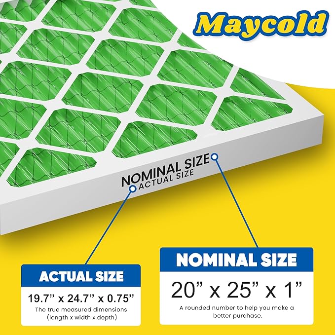 Maycold MERV 13 20x25x1 Air Filter (6-Pack), High-Efficiency Pleated AC & Furnace Filters, Actual Size: 19.70" x 24.70" x 0.75", Individually Wrapped in Plastic