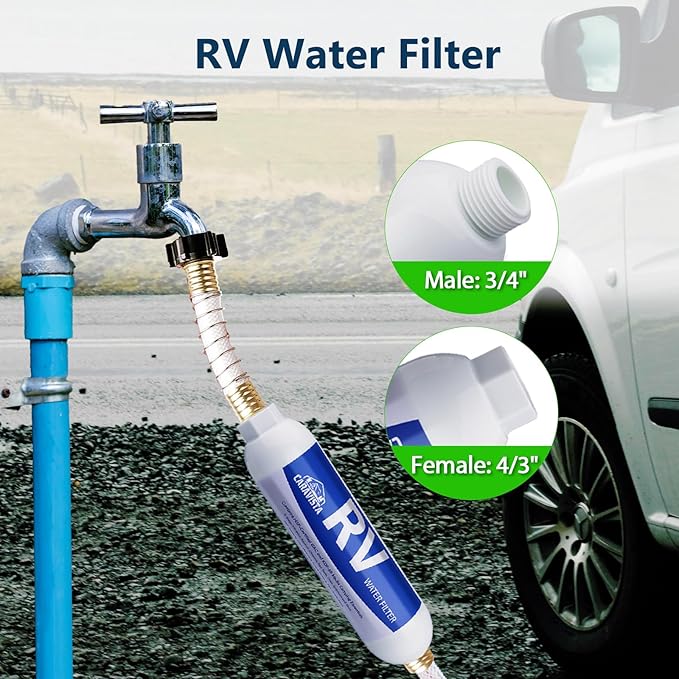 RV Water Filter - Inline Water Filter with 2 Flexible Hose Protector - NSF & ANSI 42 Certified - Camping Essentials for Reducing Odors, Bad Taste, Chlorine and Rust (4 Pack)