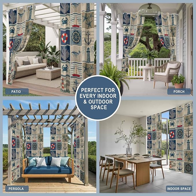 Oceans Outdoor Curtains for Patio Shell Starfish Whales Summer Vintage Waterproof Outside Curtains with Grommet Top Weatherproof Curtain for Cabana Pergola Gazebo, 2 Pack, 54" W x 108" L