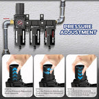 NEWPO 3/8" NPT Air Drying System for Water Separator,3 Stage Compressed Air Filter Regulator Combo, 5＆0.5&0.01 Micron Filter Cartridge,Semi-Auto Drain, Metal Bracket-Black