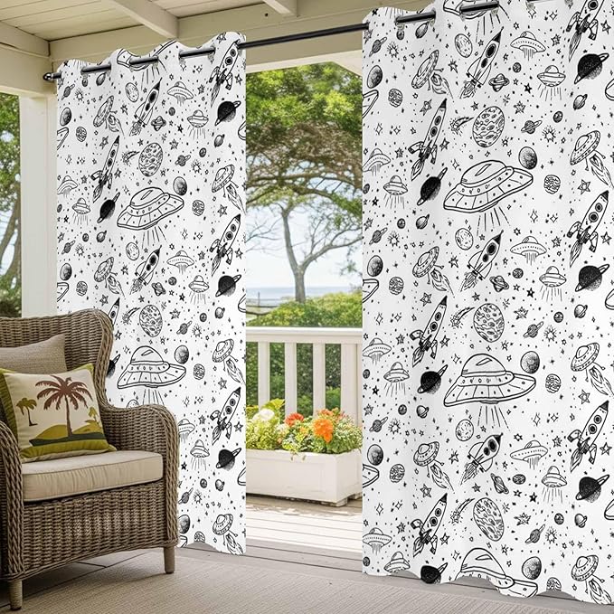 Cartoon Space Outdoor Curtains for Patio Rockets Astronauts Planets Black Waterproof Outside Curtains with Grommet Top Weatherproof Curtain for Cabana Pergola Gazebo, 2 Pack, 54" W x 95" L