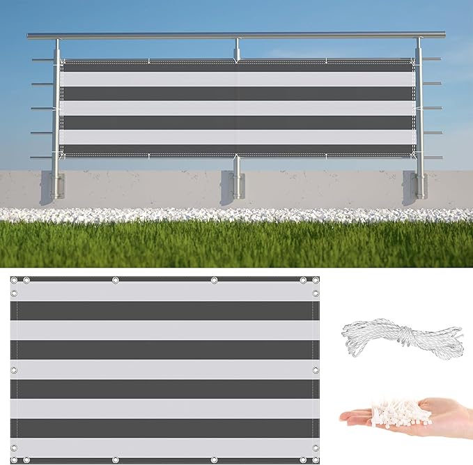 Privacy Screen Protector 9.8' x 39.4' UV Protection 96% Privacy Screen for Fence, with Grommets, for Outdoor, Patio, Deck, Backyard Porch Privacy, Gray Stripes