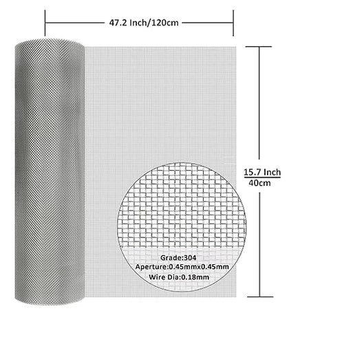 304 Stainless Steel Mesh Screen#40Mesh -Size:15.7"x47.2"(40x120cm), for Home, Garden and Farm. Window or Door Filter, Guards Against Pests Like Mice, Snakes, and Rodents. Easy to Cut and Install.
