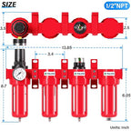 TAILONZ PNEUMATIC 1/2 Inch NPT 0-150 PSI Red Industrial Grade 4 Stage Air Drying System, Double Particulate Filter, Coalescing Filte,Desiccant Dryer and Air Regulator Manual Drainage