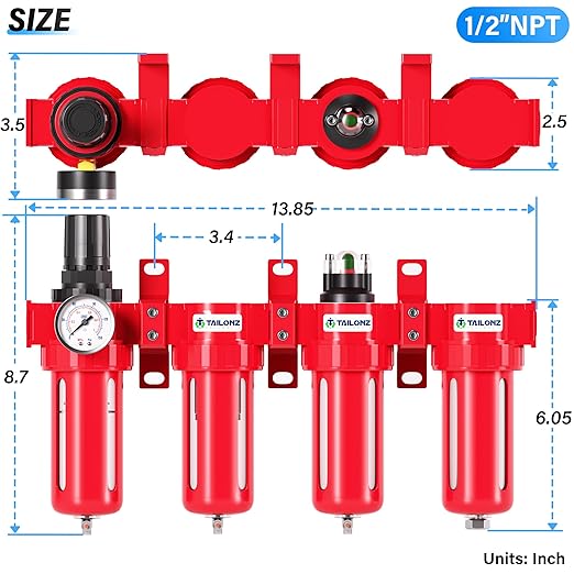 TAILONZ PNEUMATIC 1/2 Inch NPT 0-150 PSI Red Industrial Grade 4 Stage Air Drying System, Double Particulate Filter, Coalescing Filte,Desiccant Dryer and Air Regulator Manual Drainage