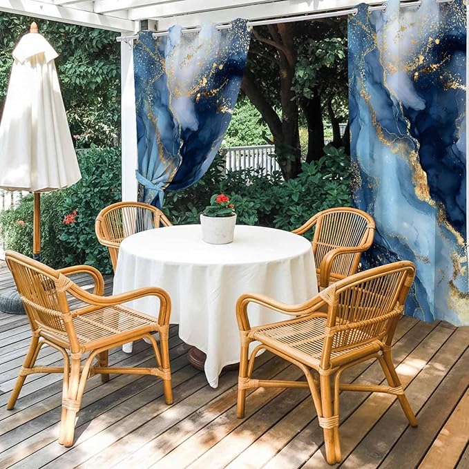Marble Texture Outdoor Curtains for Patio Abstract Gradient Blue Golden Gorgeous Waterproof Outside Curtains with Grommet Top Weatherproof Curtain for Cabana Pergola Gazebo, 1 Panel, 54" W x 84" L