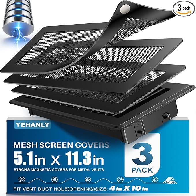 Magnetic Vent Covers with Vent Screen 5.1x11.3 Inch, Black Mesh Vent Covers for Floor, Wall, Ceiling Air Vents to Block Dust, Pet Hair, Fits Standard HVAC Floor Registers in Home, RV, 3 Pack