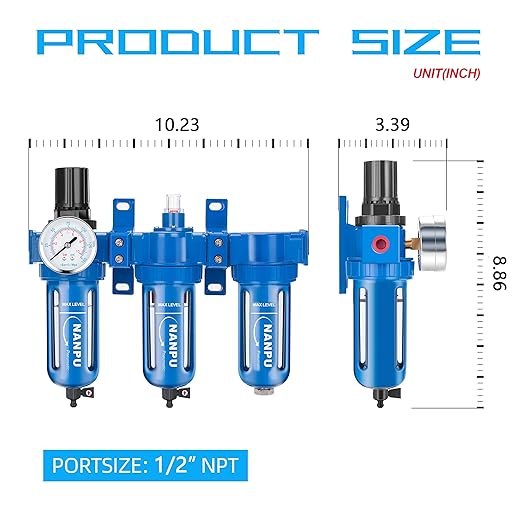 NANPU Zinc Alloy 3 Stage Air System - Particulate Filter, Coalescing Filter, Desiccant Dryer & Air Regulator, Poly Bowl, Manual Drain, Mid Flow, Suitable for Paint Spray & Plasma Cutter (1/2" NPT)