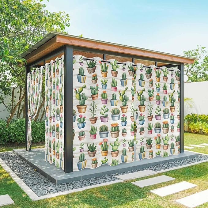 Summer Cactus Outdoor Curtains for Patio Cactus Tropical Plant Wooden Waterproof Outside Curtains with Grommet Top Weatherproof Curtain for Cabana Pergola Gazebo, 2 Pack, 54" W x 108" L