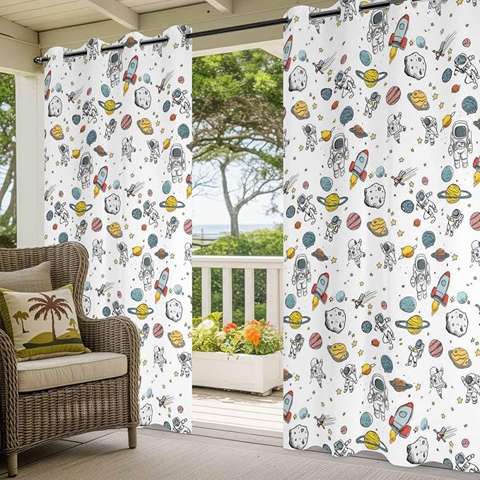 Cartoon Space Outdoor Curtains for Patio Astronauts Spacecraft Rockets Waterproof Outside Curtains with Grommet Top Weatherproof Curtain for Cabana Pergola Gazebo, 1 Panel, 54" W x 84" L