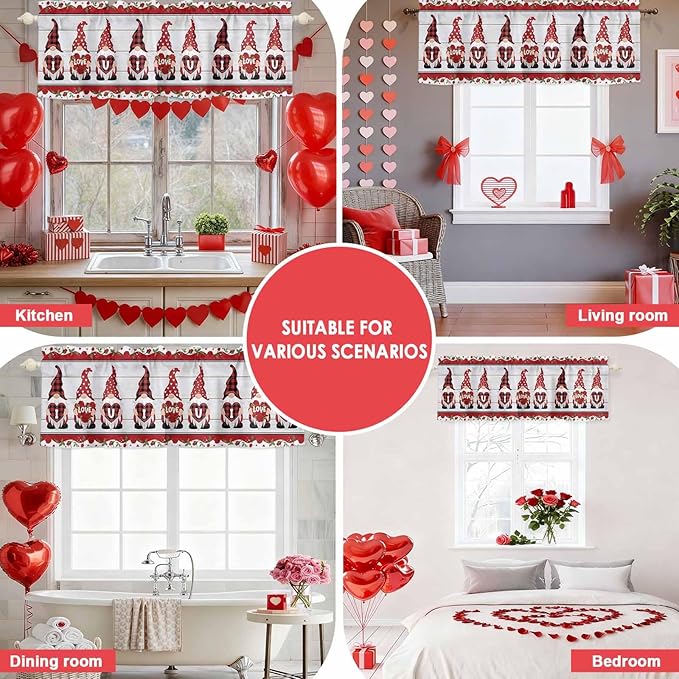 I Love U Valance Curtains for Kitchen, Valentine's Day Dwarf Romantic Wood Grain Privacy Rod Pocket Valance Curtain, Light-Filtering Window Treatment for Bedroom Bathroom, 42"x12"