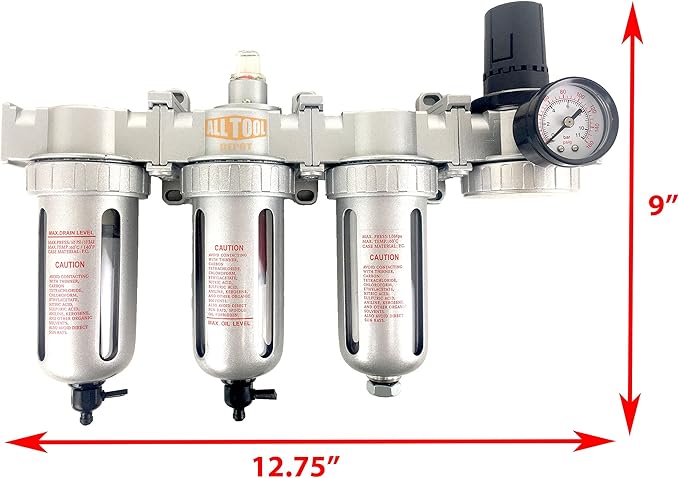3/8" NPT MID FLOW 4 Stages Filter Coalescing Desiccant Dryer Regulator System For Compressed Air Lines, Poly Bowls, Great For Paint Spray And Plasma Cutter (MANUAL DRAIN)