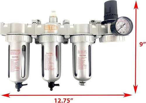 3/8" NPT MID FLOW 4 Stages Filter Coalescing Desiccant Dryer Regulator System For Compressed Air Lines, Poly Bowls, Great For Paint Spray And Plasma Cutter (MANUAL DRAIN)