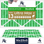 MervKing 16x25x5 Air Filter Actual Size: 15.88" x 24.88" x 4.38" MERV 13 MPR 1500-1900 | MADE IN USA | 4-Pack | Pleated HVAC AC Furnace Replacement