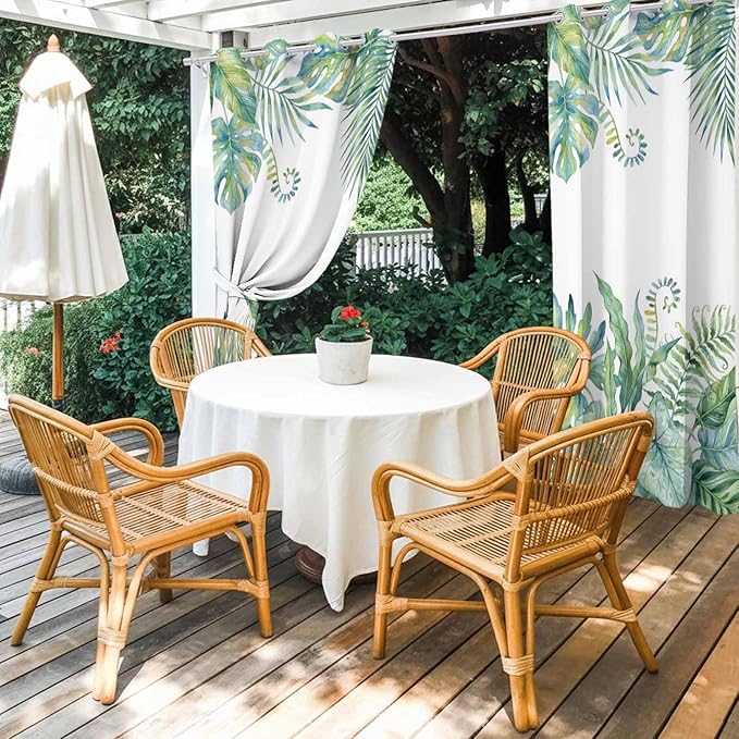 Leaves Outdoor Curtains for Patio Green Leaf Tropical Plants Farmhouse Pastoral Waterproof Outside Curtains with Grommet Top Weatherproof Curtain for Cabana Pergola Gazebo, 2 Pack, 54" W x 108" L