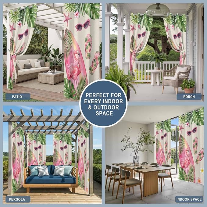 Summer Flamingbirds Outdoor Curtains for Patio Palm Leaves Plumeria Linen Waterproof Outside Curtains with Grommet Top Weatherproof Curtain for Cabana Pergola Gazebo, 2 Pack, 54" W x 108" L