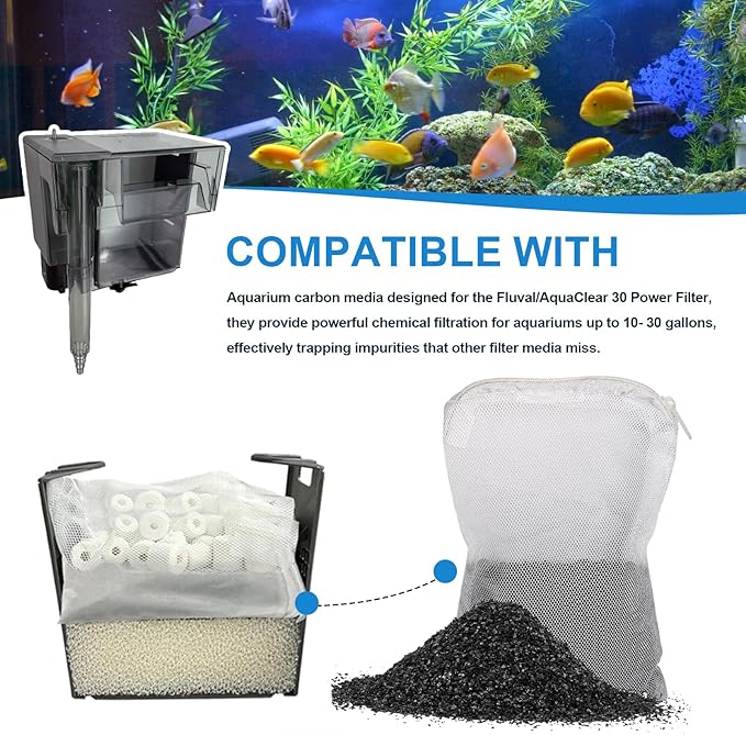 Activated Carbon Inserts for AquaClear 10-30 Gallon Filter, Aquarium Carbon Media for Fluval Aqua Clear, Charcoal for Fish Tank Filter A1382 (6 Pack 60g/Bag)