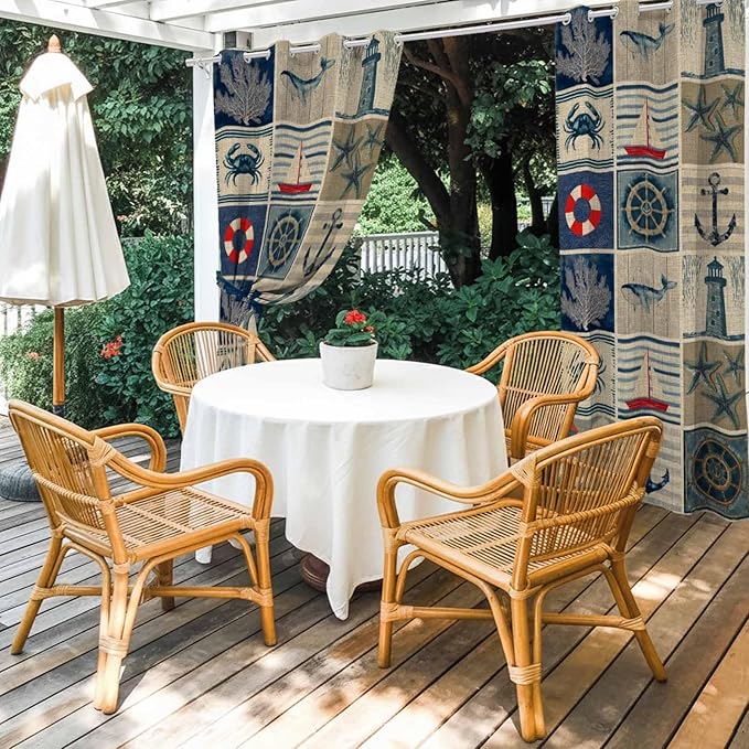 Oceans Outdoor Curtains for Patio Shell Starfish Whales Summer Vintage Waterproof Outside Curtains with Grommet Top Weatherproof Curtain for Cabana Pergola Gazebo, 1 Panel, 54" W x 108" L