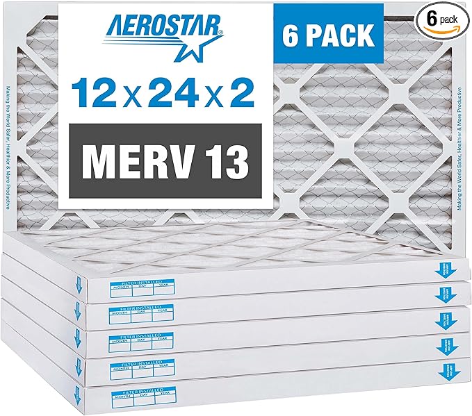 Aerostar 12x24x2 MERV 13 Pleated Air Filter, AC Furnace Air Filter, 6 Pack (Actual Size: 11 3/8" x 23 3/8" x 1 3/4")