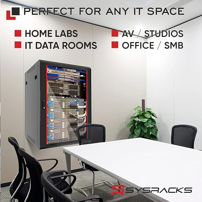 Sysracks 12U Wall Mount Server Rack Cabinet, 19” Locking Network Rack, 24” Deep, Glass Door, with Fan, PDU and Shelf