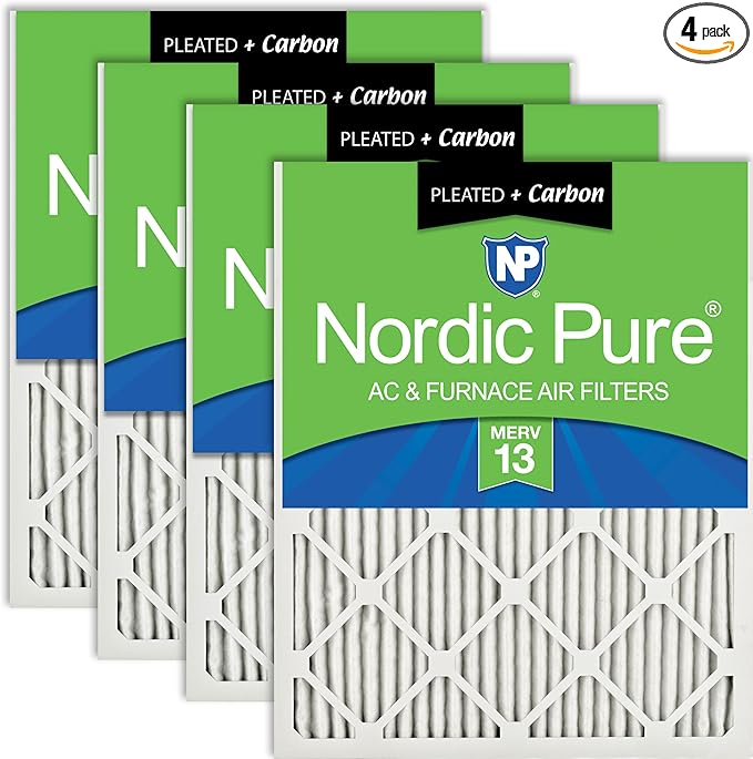 Nordic Pure 20x20x1 (Actual Size: 19 1/2 x 19 1/2 x 3/4) Pleated Air Filters MERV 13 Plus Carbon 4 Pack