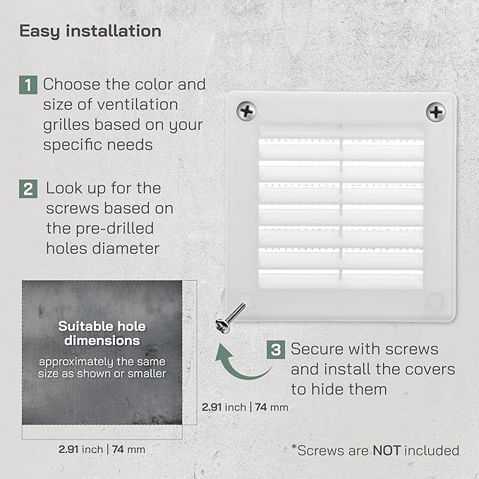 Vent Systems 3" x 3" White Plastic Soffit Vent Cover - 2 Pack - Durable Flat Square Air Vent Grille with Built-in Mesh – Weather Resistant Ventilation Grill for Wall or Ceiling – Indoor & Outdoor