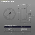 2-1/2" Dial Size, 0-100 Psi Pressure Gauge, Glycerin Liquid Filled, 1/4" NPT Back Mount, Stainless Steel Case, for Water Pump, Pneumatic Air, Well Tank, RV Hose, Gas, Low Pressure Test