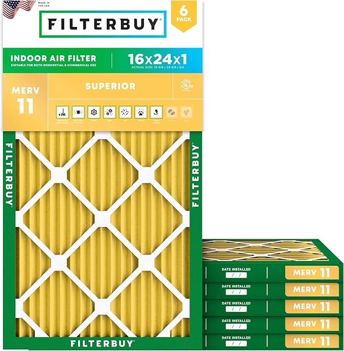 Filterbuy 16x24x1 Air Filter MERV 11 Superior Pet & Allergy Defense (6-Pack), Electrostatic Pleated HVAC AC Furnace Filters Replacement, Made in USA (Actual Size: 15.38 x 23.38 x 0.75)