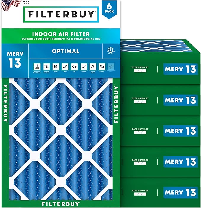 Filterbuy 12x24x4 Air Filter MERV 13 Optimal Smoke & Allergy Defense (6-Pack), Electrostatic Pleated HVAC AC Furnace Filters Replacement, Made in USA (Actual Size: 11.50 x 23.38 x 3.63)