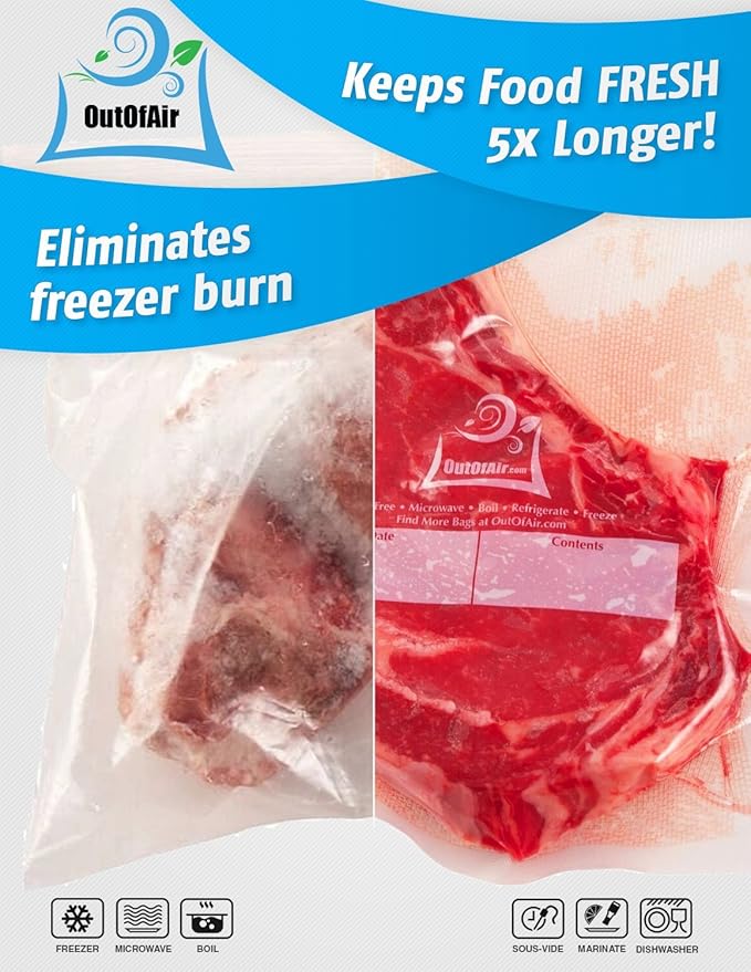 100 Vacuum Sealer Bags: Quart Size (8" x 12") by OutOfAir Works With FoodSaver & Other Machines - 33% Thicker BPA Free, Commercial Grade, 8 x 12 inches