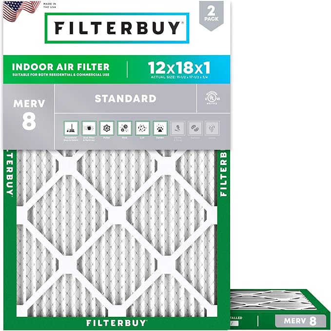 Filterbuy 12x18x1 Air Filter MERV 8 Essential Dust & Allergy Defense (2-Pack), Electrostatic Pleated HVAC AC Furnace Filters Replacement, Made in USA (Actual Size: 11.50 x 17.50 x 0.75)