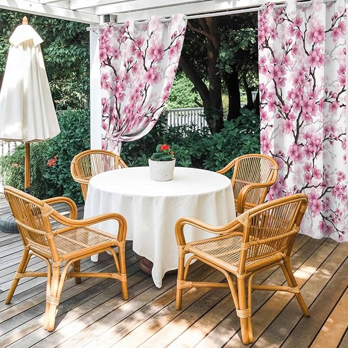 Cherry Flowers Outdoor Curtains for Patio Spring Flower Vintage Watercolor Waterproof Outside Curtains with Grommet Top Weatherproof Curtain for Cabana Pergola Gazebo, 1 Panel, 54" W x 95" L