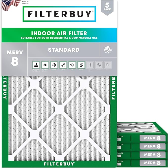 Filterbuy 16.38x21.5x1 Air Filter MERV 8 Essential Dust & Allergy Defense (5-Pack), Electrostatic Pleated HVAC AC Furnace Filters Replacement, Made in USA (Actual Size: 16.50 x 21.50 x 0.75)