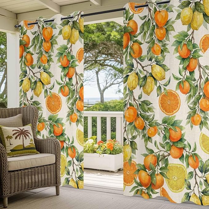 Lemons Yellow Orange Summer Plant Linen Outdoor Curtains for Patio Waterproof Outside Curtains with Grommet Top Weatherproof Curtain for Cabana Pergola Gazebo, 2 Pack, 54" W x 108" L