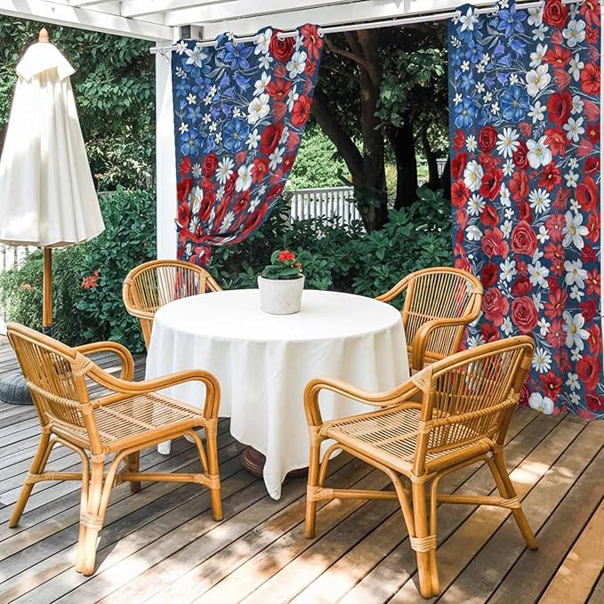 4th of July Outdoor Curtains for Patio Patriotic Flowers Farmhouse Red Waterproof Outside Curtains with Grommet Top Weatherproof Curtain for Cabana Pergola Gazebo, 1 Panel, 54" W x 84" L