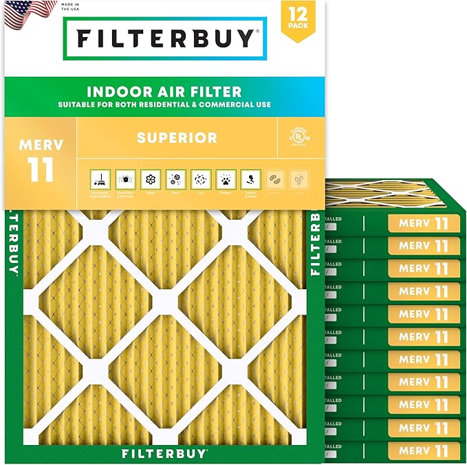 Filterbuy 15x20x1 Air Filter MERV 11 Superior Pet & Allergy Defense (12-Pack), Electrostatic Pleated HVAC AC Furnace Filters Replacement, Made in USA (Actual Size: 14.50 x 19.50 x 0.75)