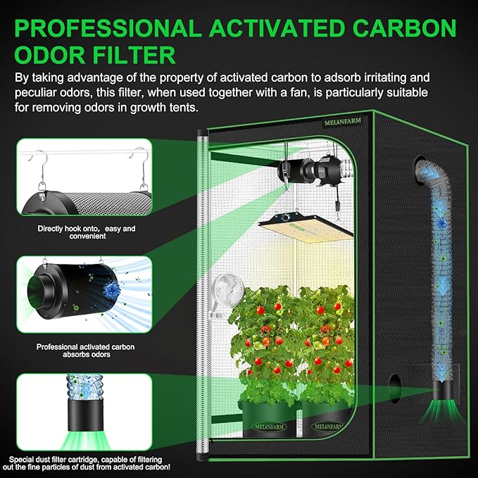 MELONFARM 6" Air Carbon Filter Smelliness Control with Australia Virgin Charcoal, Odor Removal Carbon Filter for Grow Tent, Inline Fan, Hydroponics, Pre-Filter Included, Insulated Flange 6" x 11.8"