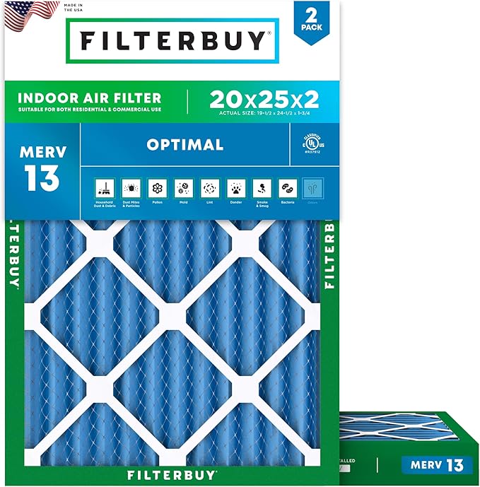 Filterbuy 20x25x2 Air Filter MERV 13 Optimal Smoke & Allergy Defense (2-Pack), Electrostatic Pleated HVAC AC Furnace Filters Replacement, Made in USA (Actual Size: 19.50 x 24.50 x 1.75)