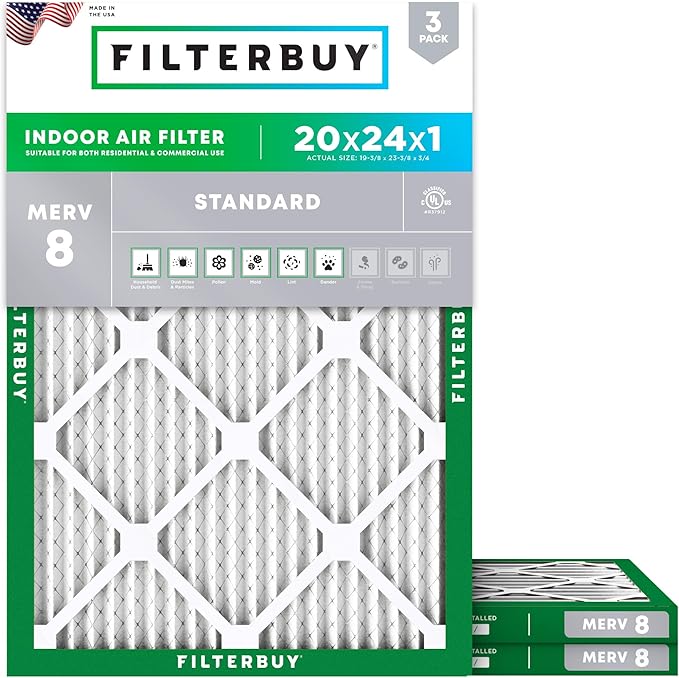 Filterbuy 20x24x1 Air Filter MERV 8 Essential Dust & Allergy Defense (3-Pack), Electrostatic Pleated HVAC AC Furnace Filters Replacement, Made in USA (Actual Size: 19.38 x 23.38 x 0.75)
