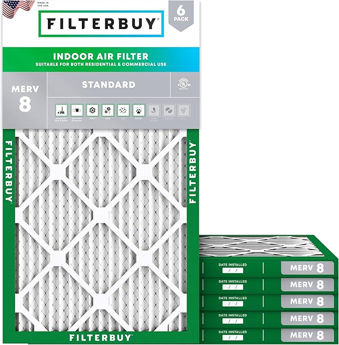 Filterbuy 15x30x1 Air Filter MERV 8 Essential Dust & Allergy Defense (6-Pack), Electrostatic Pleated HVAC AC Furnace Filters Replacement, Made in USA (Actual Size: 14.50 x 29.50 x 0.75)