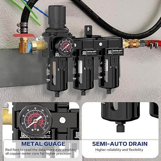 NEWPO 3/8" NPT Air Drying System for Water Separator,3 Stage Compressed Air Filter Regulator Combo, 5＆0.5&0.01 Micron Filter Cartridge,Semi-Auto Drain, Metal Bracket-Black