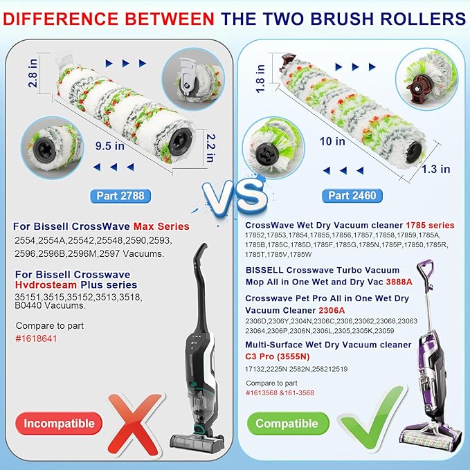 Lemige Brush Filter Replacement Parts for Bissell CrossWave Vacuum 3888A 1785 Pet Pro 2306A Cordless Wet Dry Vac, 2 Pack 2460 Multi-Surface Pet Brush Roll & 1866 Vacuum Filter, Part 1613568 1608684