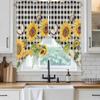 Sunflowers Swag Valances for Windows, Yellow Flowers Butterfly Farmhouse Black Plaid Rod Pocket Kitchen Curtains Valance, Kitchen Window Curtains Swag for Cafe Living Room, 2 Panels, 36x45 inch