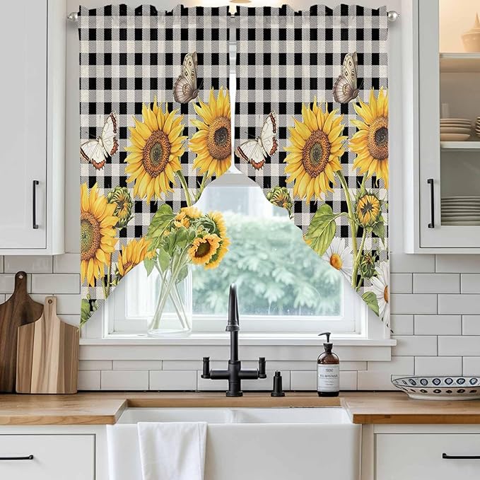 Sunflowers Swag Valances for Windows, Yellow Flowers Butterfly Farmhouse Black Plaid Rod Pocket Kitchen Curtains Valance, Kitchen Window Curtains Swag for Cafe Living Room, 2 Panels, 36x45 inch