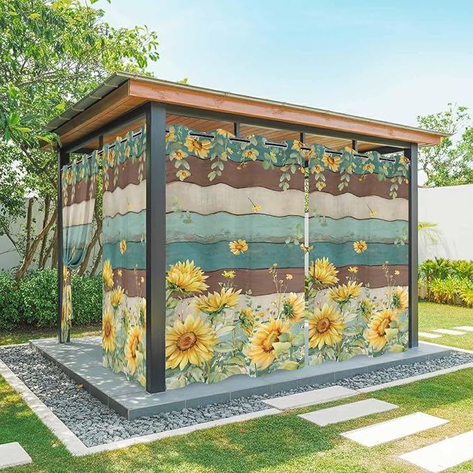 Sunflowers Outdoor Curtains for Patio Summer Floral Eucalyptus Leaves Vintage Wood Waterproof Outside Curtains with Grommet Top Weatherproof Curtain for Cabana Pergola Gazebo, 1 Panel, 54" W x 84" L